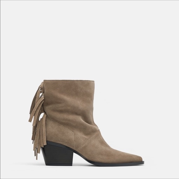 Zara Taupe Gray Suede Leather Fringe Ankle Boots - Picture 5 of 8